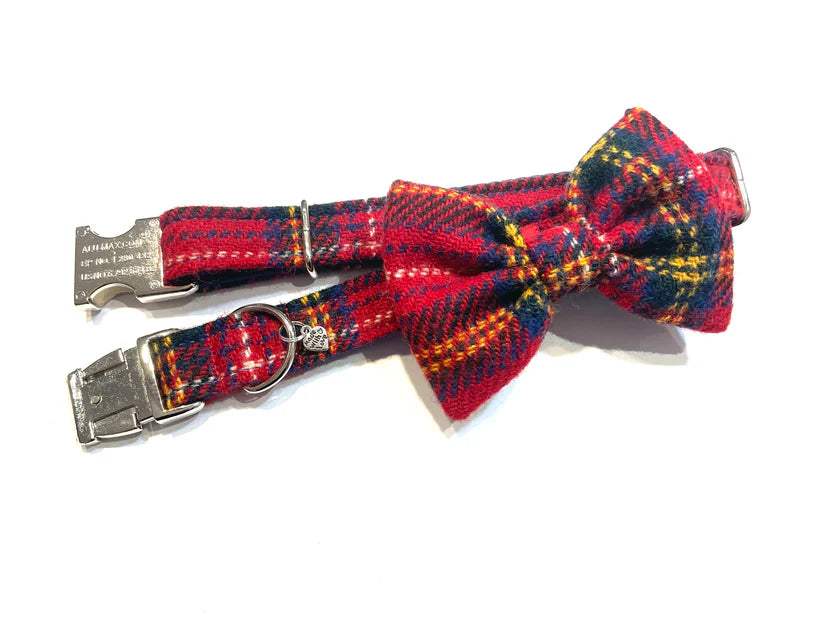 Harris Tweed Bow Tie Dog Collar Red Stewart Tartan Hairy Paws Glasgow