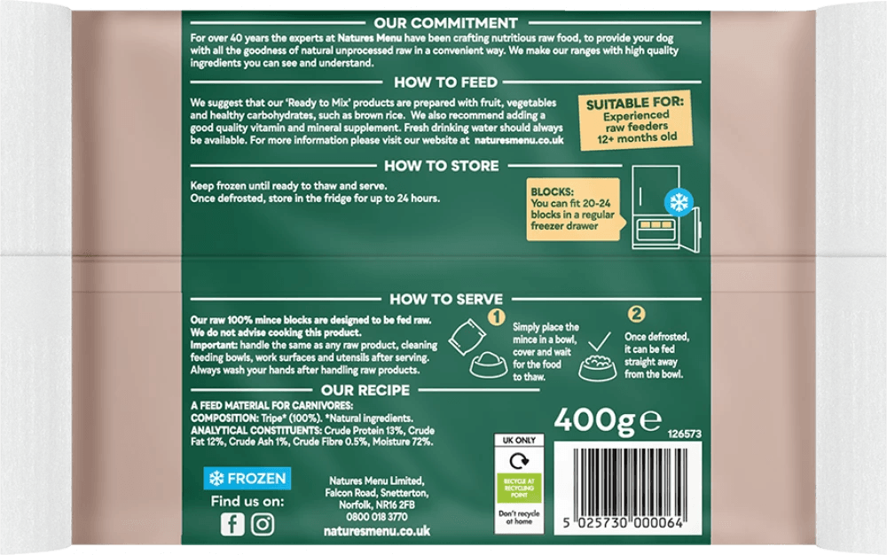 Natures Menu 100% Tripe block (400g)