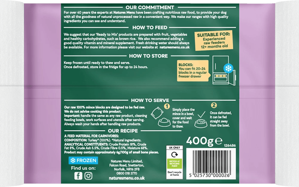 Natures Menu 100% Turkey block (400g)