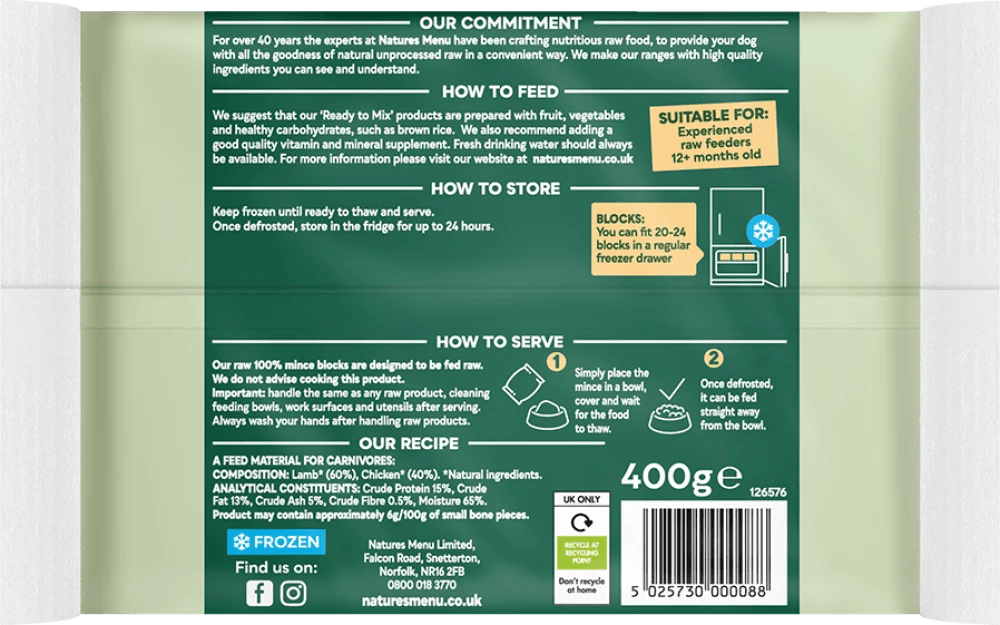 Natures Menu 100% Lamb & Chicken block (400g)