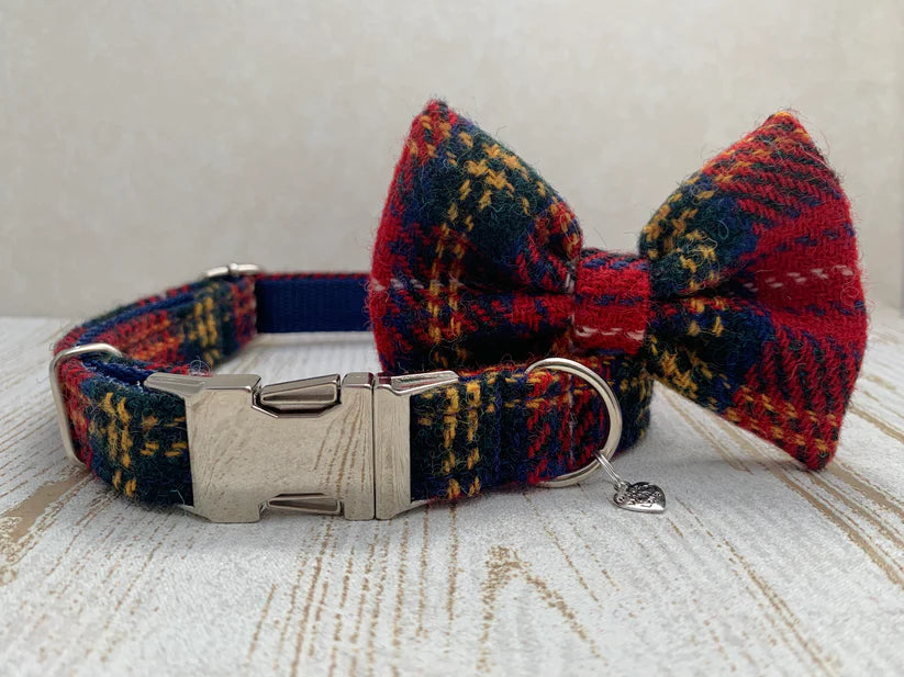 Harris Tweed® Bow Tie Dog Collar - Red Stewart Tartan